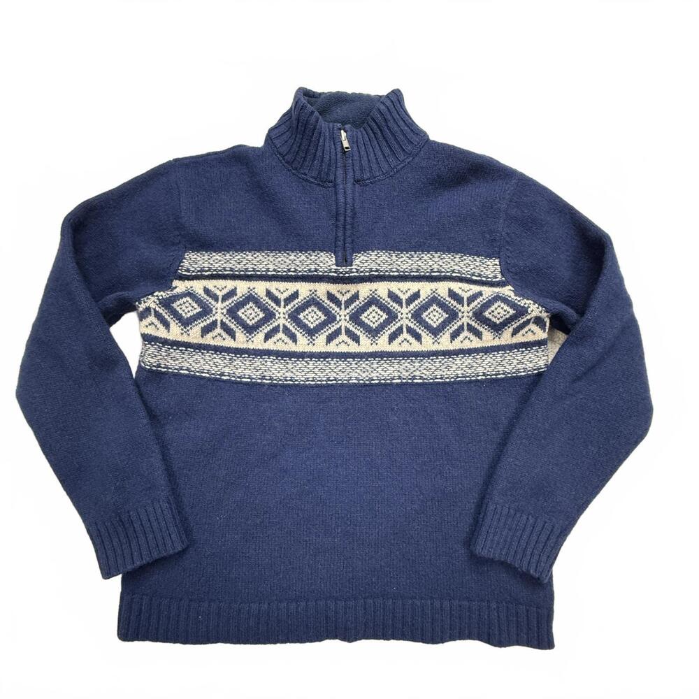 Women's Blue Half-Zip Colbalt Blue Nordic Pattern Sweater size L wool blend‎